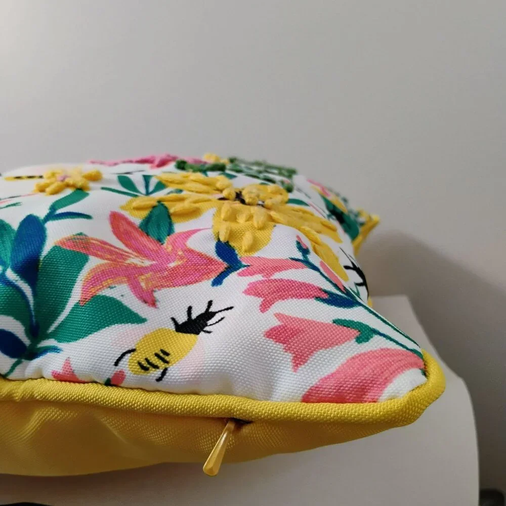 Bee Happy Embroidered Throw Pillow With Floral & Bee Design, Cottagecore Decor